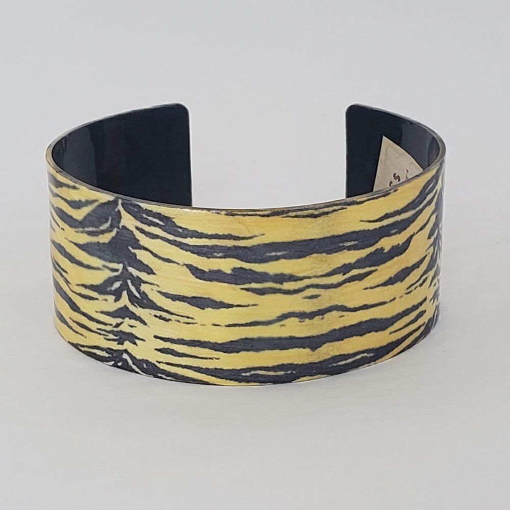 Yellow Black Tiger Stripe Glitter‎ Enamel Metal Cuff Statement Wide Bracelet